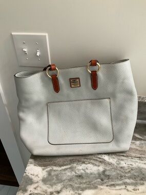 Dooney & Bourke White Pebble Leather Tote with Brown Trim and Gold Hardware
